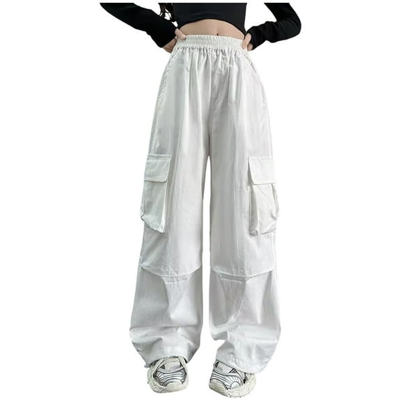 Staki Girl Cargo Pants Cargo Pants for Women High Waisted Casual Pants Baggy Stretchy Wide Leg Streetwear with Pockets(White,5-6 Years)