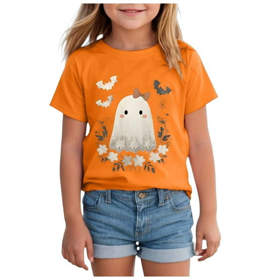 Staki Girl Fall Outfits Halloween Shirts for Kids Toddler Girls T-Shirts Clothes Short Sleeve Cotton Tee(Orange,11-12 Years)