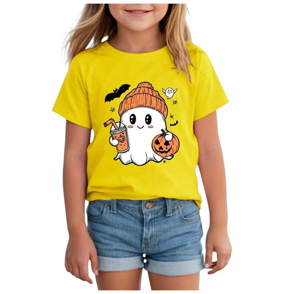 Staki Girl Halloween Shirt Halloween Shirts Toddler Girls Pumpkin Tshirts Kids Halloween Graphic Short Sleeve Tops(Yellow,7-8 Years)