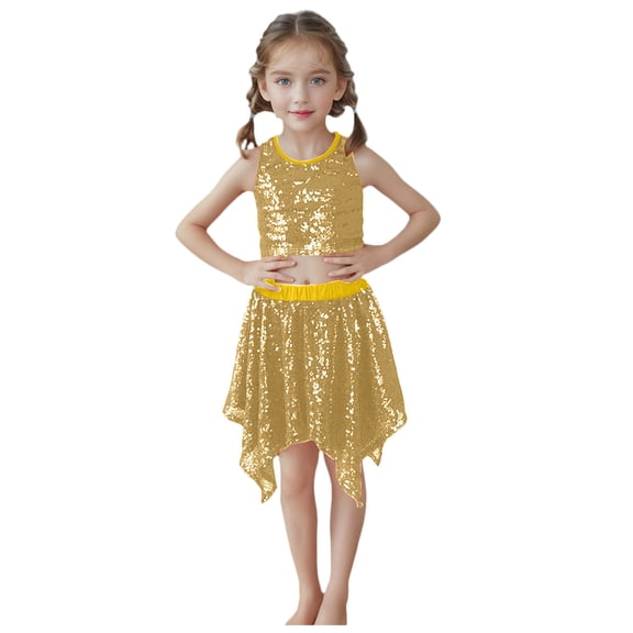 Staki Girl Metallic Outfit 2025 Girls Sparkly Top Tie Front Knot Crop Top Sequin Hem Skirt Metallic Performance Kids 3T,4T,5T,6Y,7Y,8Y(Gold,7-8 Years)