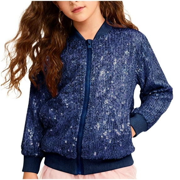 Staki Girl Sequin Jacket Girls's' Sequin Bomb Jacket Shiny Set Long Sleeved Zipper Bright Color for Girls' Kid Birthday Concert Varsity Jacket(Blue,4-5 Years)