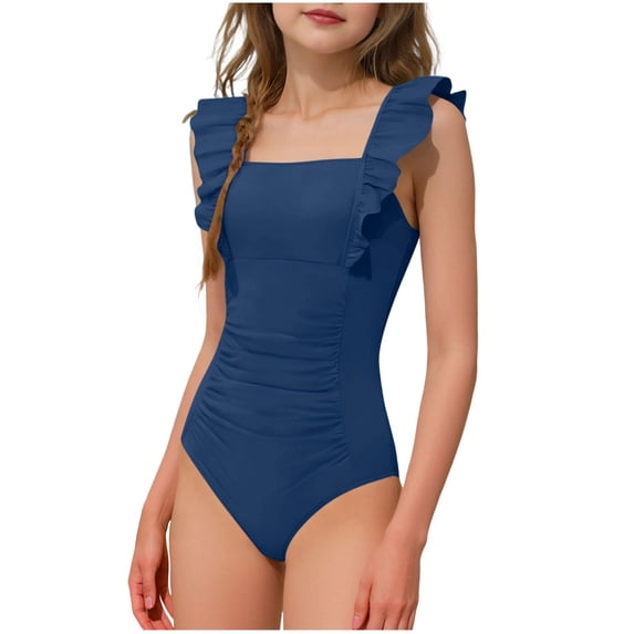Staki Girl Swimsuit Girls One Piece Swimsuit - Adjustable Print Toddler Ruffle Bathing Suit 2T 3T 4T(Navy,8-9 Years)
