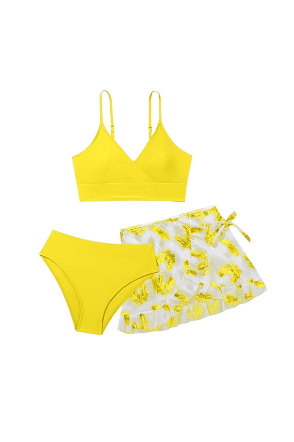 Girl's 3 Piece Bikini Sets Print Triangle High Cut Swimsuits with Cover Up Skirt Girls' Swimwear 8-15Y(Yellow,8-9 Years)