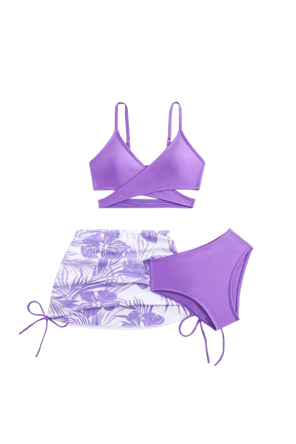 Girl's 3 Pieces Triangle Bikini Sets Spaghetti Strap Swimsuit Smocked Bathing Suit with Beach Skirt Toddler Swim Set Girl 3-9Y 10-14Y(Purple,11-12 Years)
