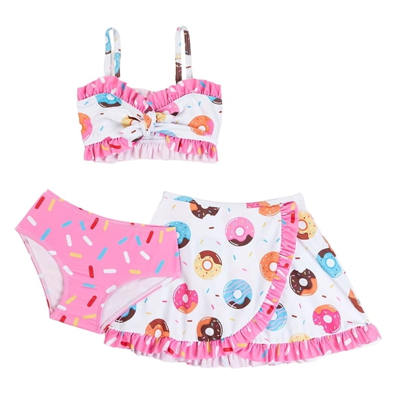 Staki Girl's 3 Pieces Triangle Bikini Sets Spaghetti Strap Swimsuit Smocked Bathing Suit with Beach Skirt Girls Bikini Sets 1-8Y(Pink,3-4 Years)