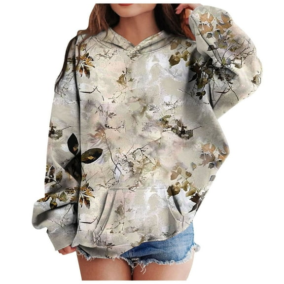 Staki Girl's Camo Graphic Hooded Sweatshirt Long Sleeve Drop Shoulder Hoodie 2025 Fall Outfits Pullover Tops Kids Camo 3-10Y 11-12Y(Gray,4-5 Years)