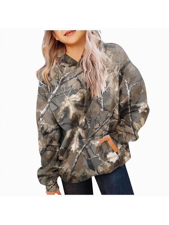 Girl's Camo Hoodies Long Sleeve Hooded Sweatshirts Camouflage Pullover Tops 2-12Y(Army Green,7-8 Years)