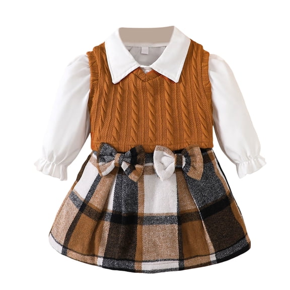 Staki Girl's Outfit Flounce Sleeve Button Down Shirt V Neck Sweater Vest Plaid Pleated Skirt Set Baby Girl Dresses(Brown,3-4 Years)