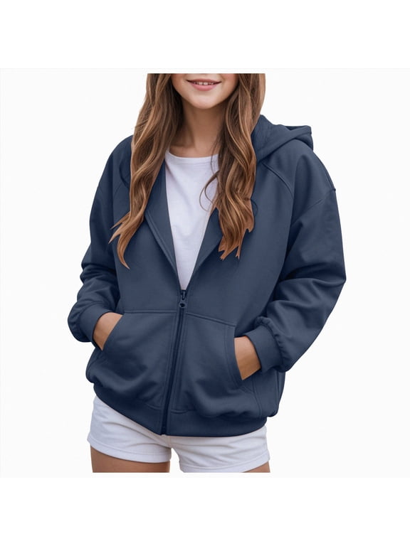 Girl's Solid Hoodie Zip Up Long Sleeve Preppy Cute Sweatshirts Hoodies Tween Girls Trendy Clothes 1-14Y(Navy,13-14 Years)