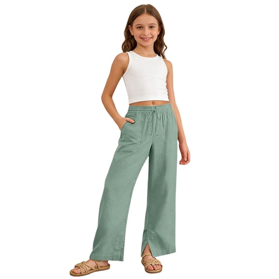 Staki Girl's Wide Leg Casual Linen Pants Elastic High Waisted Long Loose Trousers 4-14 Years,7-8 Years