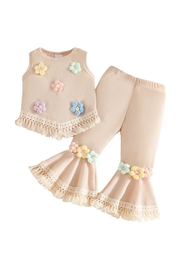 Girls 2 Piece Outfits Summer Toddler Girl Summer Clothes Vintage Baby Outfit Crochet Sleevless Ruffled Tank Top & Pants Set 6-24M 2-3Y(White,12-18 Months)