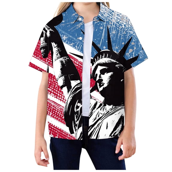 Staki Girls American Flag Button up Shirt Girls Classic Woven Button-Down Short-Sleeve Hawaiian Shirt with Pocket for Kids 4T 5T 404T(Navy,14-15 Years)
