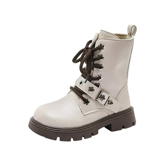 Staki Girls Ankle Boots Girls Ankle Boots Lace Up Side Zipper Waterproof Combat Shoes Toddler for Fall(Beige,12 Little Kid)