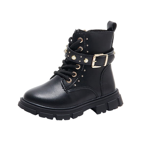 Staki Girls Ankle Boots Girls Ankle Combat Boots with Side Zipper and Lace-Up, Waterproof Glitter Style, Easy On/Off Shoes for Toddler(Black,2.5 Big Kid)