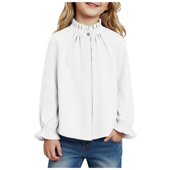 Staki Girls Baby Collar Shirt Classic Long Sleeve Button Down Uniform Shirts Soft Blouse Tops Girls' Tops, Tees & Blouses 5-10Y 11-14Y(White,7-8 Years)