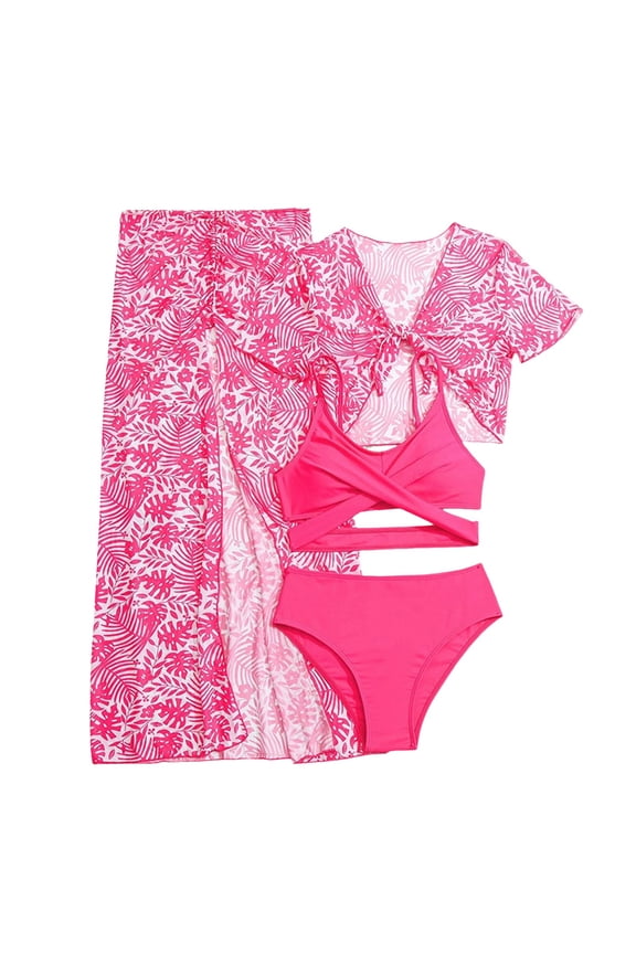Girls Bathing Suits Girl's 3 Pieces Floral Print Swimsuits Bikini Set Bathing Suit with Beach Cover Up 10-11Y(Hot Pink,10-11 Years)