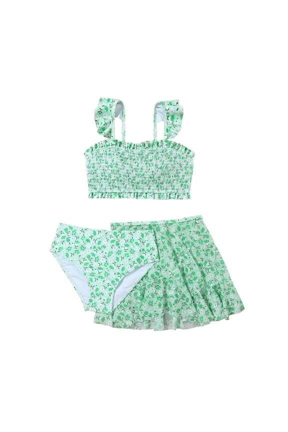 Girls Bikini Girl's 3 Piece Swimsuit Cute V Neck Bikini Set High Waisted Bathing Suit Sheer Mesh Cover Up Skirt 8Y,9Y,10Y,11Y,12Y(Green,8-9 Years)