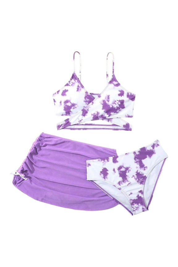 Girls Bikini Girl's 3 Piece Swimsuits with Cover Up Triangle Halter High Waisted Bikini Bathing Suits 8-10Y 11-15Y(Purple,14-15 Years)