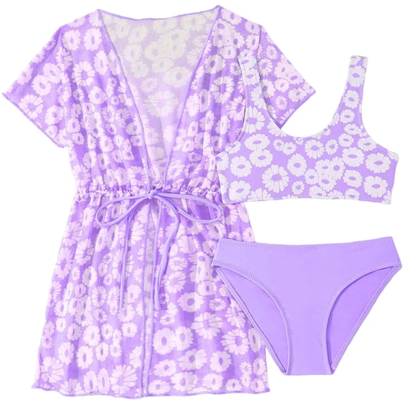 Staki Girls Bikini Set With Coverup Girls Swimsuit Cover Up Kids Bathing Suit Swim Coverup Beach Bathing Suit 5-12Y(Purple,7-8 Years)