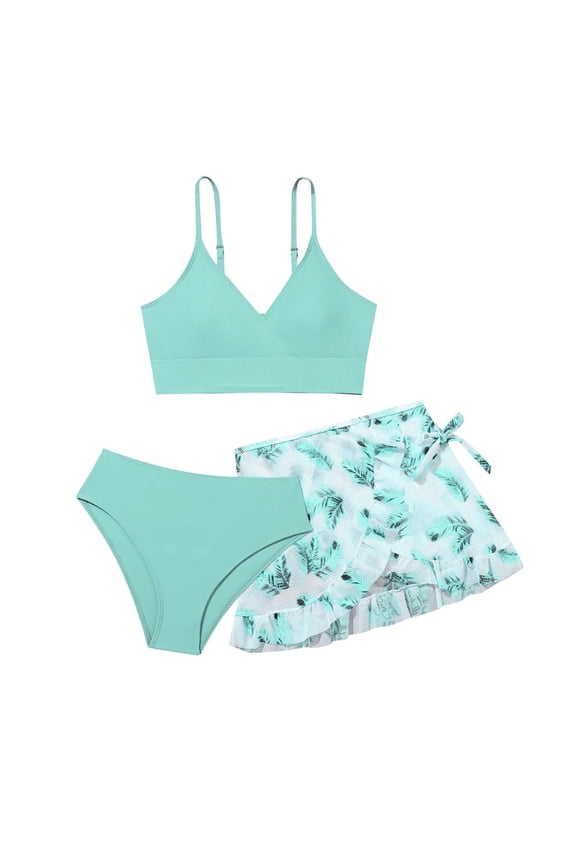 Girls' Bikini Three Piece Set Teen Girl Swimsuit 3 Piece Bathing Suit Bikini with Cover Up Skirt Beach Swimming Suit 9-14Y 15-18Y(Mint Green,11-12 Years)