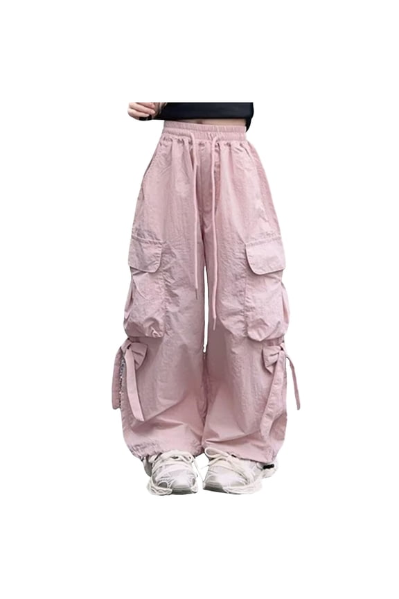 Girls Black Cargo Pants Cargo Pants for Girls Parachute Baggy Joggers Elastic Waist Wide Leg Hip Hop Dance Outfits(Pink,11-12 Years)
