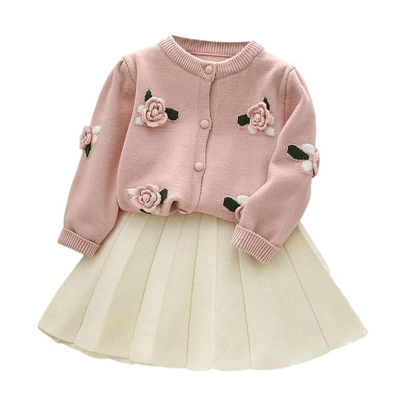 Staki Girls Cardigan Skirt Sets Toddler Knit Sweater and Skirt 2 Piece Winter Fall Outfit 1-6Y(Light Pink,1-2 Years)
