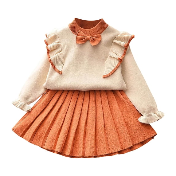 Staki Girls Cardigan Skirt Sets Toddler Knit Sweater and Skirt 2 Piece Winter Fall Outfit 1-6Y(Orange,5-6 Years)