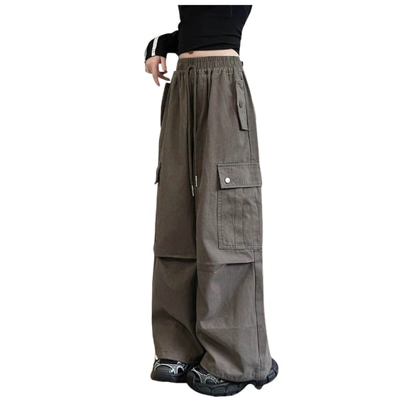 Staki Girls' Cargo Pants Girls Vintage Multiple Pockets Cargo Pants Wide-Leg Casual Straight Streetwear(Brown,9-10 Years)