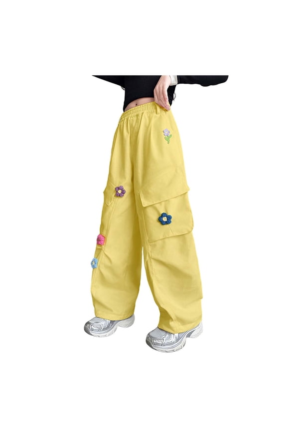 Girls Cargo Pants School Black Cargo Pants for Girls Baggy Joggers Elastic Waist Wide Leg Hip Hop Dance Outfits(Yellow,9-10 Years)