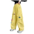 thumbnail image 1 of Staki Girls Cargo Pants School Black Girl's Cargo Pants Elastic Waist Straight Leg Baggy Streetwear Pants with Pockets(Yellow,11-12 Years), 1 of 4