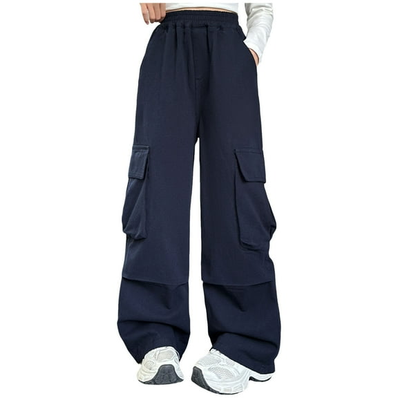 Staki Girls Cargo Sweatpants Girls Cargo Sweatpants – Soft Cotton Fleece Blend Pull-On Wide Leg Open Bottom Sweats Drawstring(Navy,11-12 Years)