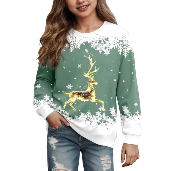 Staki Girls Christmas Sweatshirt Kids Sweatshirt Christmas Sweatshirts Holiday Xmas Long Sleeve Pullover Tops 1T 2T 3T 4T 5T 6T 7T 8T 9T 10T 11T 12T 13T 14T(Light Green,7-8 Years)