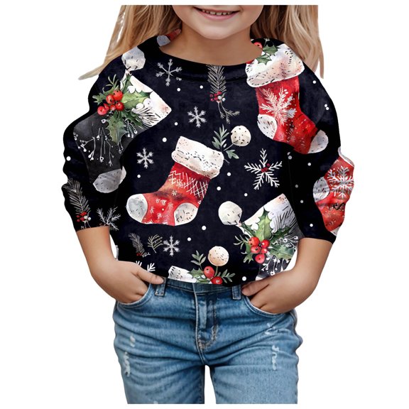 Staki Girls Christmas Sweatshirts Toddler Christmas Sweatshirt Outfit Girls Funny Holiday Snowman Shirt Xmas Tree Tops Clothes Kids(Black,5-6 Years)