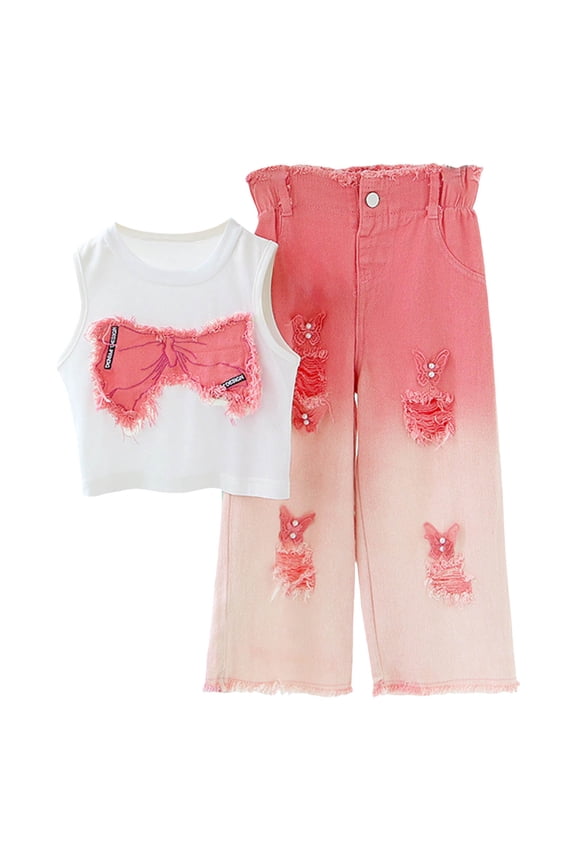 Girls Clothes Outfits Sleeveless Crop Tank Tops High Waist Denim Jeans Kids Summer 2Pcs Cotton Sets Girls Summer Pants 3-9Y 10-12Y(Pink,3-4 Years)