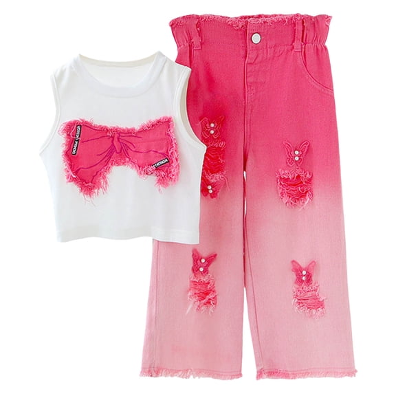Staki Girls’ Clothing Sets Sleeveless Crop Top Wide Leg Linen Pants 2026 Summer Outfits Cute Kids Clothes Girls Hip Hop Dance Outfit 3-9Y 10-12Y(Hot Pink,7-8 Years)