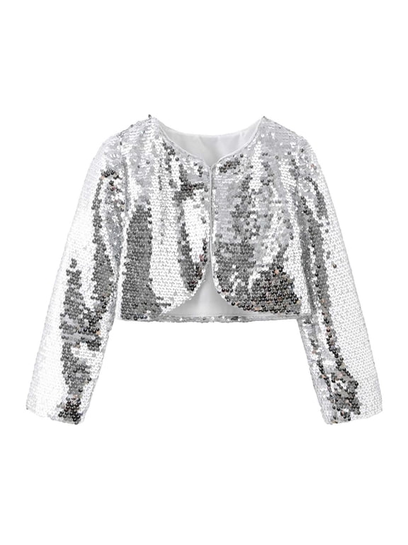 Girls Cropped Jacket Girls Sequin Jackets Sparkle Dress Coats Zipper Cropped Cardigan for Kids(Silver,5-6 Years)
