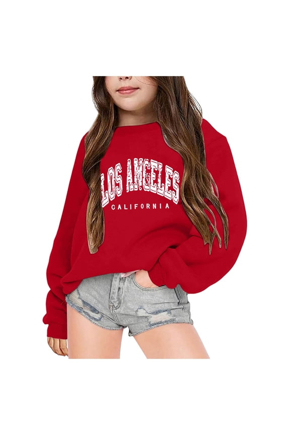 Girls Cute Graphic Crewneck Sweatshirt Long Sleeve Drop Shoulder Pullover Tops(Red,5-6 Years)