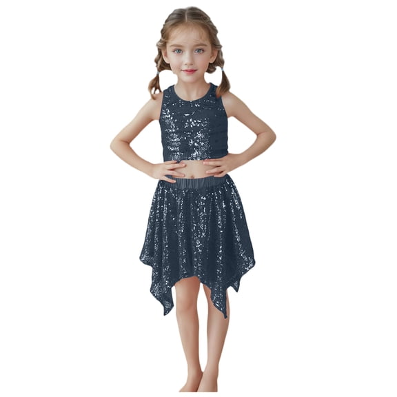 Staki Girls Disco Dress Girls Sequins Dance Outfits Halter Metallic Crop Top Camisole Skirt Clothes Kids Dance Skirt Set 3T,4T,5T,6Y,7Y,8Y(Black,7-8 Years)