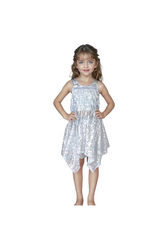Girls Disco Pantsdress Girls Sequins Dance Outfits Halter Metallic Crop Top Camisole Skirt Clothes Kids Dance Skirt Set 3T,4T,5T,6Y,7Y,8Y(Silver,7-8 Years)