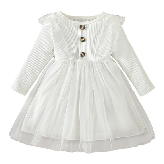 Staki Girls Dresses Cute Toddler Girl Princess Tulle Dress Long Sleeve Cotton Sundress Little Girls' Party Dresses(White,18-24 Months)