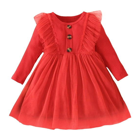 Staki Girls Dresses Toddler Girls Dress Gifts: Ruffle Long Sleeve Tulle Tutu Fall Winter Casual Party Dresses(Pink,6-12 Months)