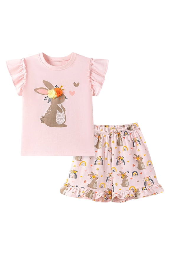 Girls Easter Outfit Toddler Baby Girl Easter Outfit Embroidery Short Sleeve Top Ruffled Shorts Baby Summer Clothes 2-8Y(Pink,4-5 Years)