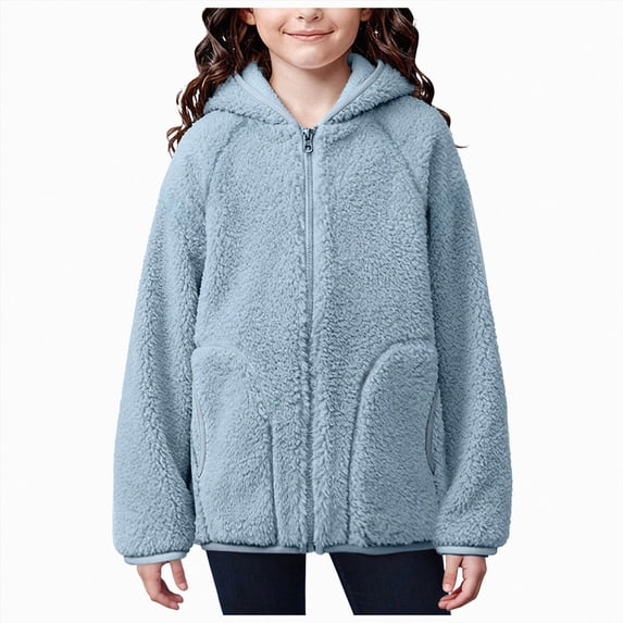 Staki Girls Fleece Jacket Soft Plush Sherpa Faux Fur Hooded Winter Jacket for Girls Warm Lightweight Cozy Teddy Coat 3-18Y(Sky Blue,9-10 Years)