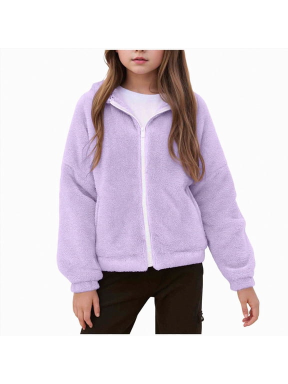 Girls Fuzzy Sherpa Coat Full Zip Hoodie Fleece Jacket with Pockets Fall Winter Outwear 5-14Y(Purple,9-10 Years)