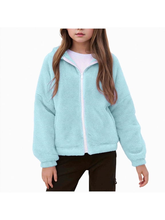 Girls Fuzzy Sherpa Coat Full Zip Hoodie Fleece Jacket with Pockets Fall Winter Outwear 5-14Y(Sky Blue,11-12 Years)