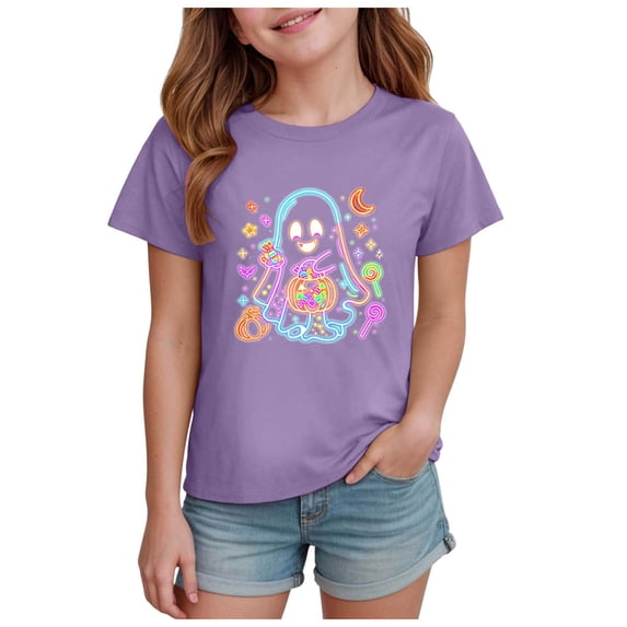 Staki Girls Halloween Shirt Cute Shirt Halloween Shirt Kids Fall Short Sleeve Tee Tops(Purple,11-12 Years)