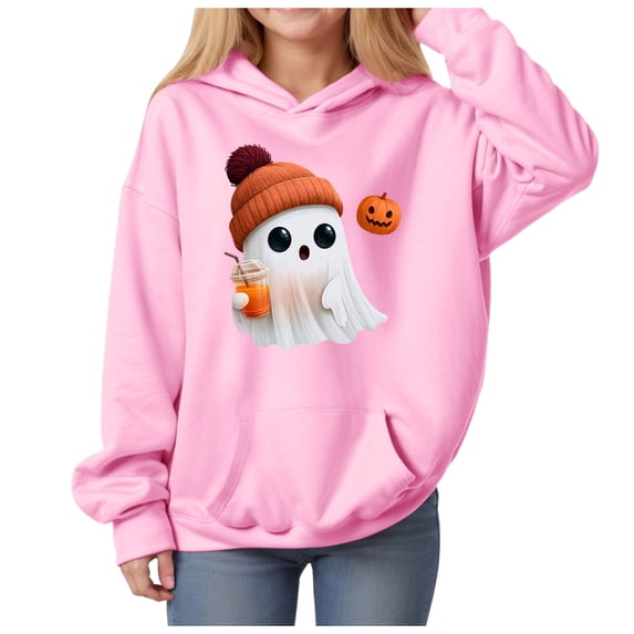 Staki Girls Halloween Sweatshirt Long Sleeve Pullover Hoodies Cute Hoodie Fall Winter Trendy Clothes for Girl(Pink,5-6Years)