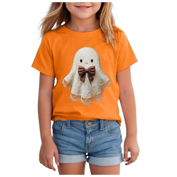 Staki Girls Halloween Tops Toddler Baby Girls Clothes Summer Short Sleeve Funny Graphic Letters Print T-Shirt Top Cotton Tee(Orange,9-10 Years)