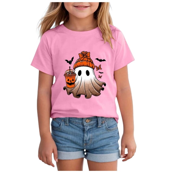 Staki Girls Halloween Tops Toddler Halloween Shirt Baby Girls Tshirt Short Sleeve Tee Tops Fall Clothes(Pink,3-4 Years)