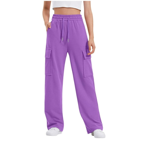 Staki Girls Hiking Pants Girls Cargo Sweatpants – Soft Cotton Fleece Blend Pull-On Wide Leg Open Bottom Sweats Drawstring(Purple,13-14 Years)